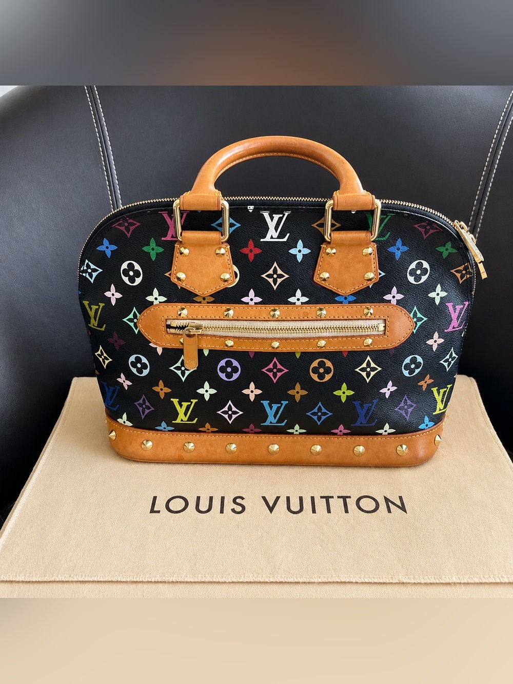 Louis Vuitton Multicolor Alma MM Black Murakami Studded Leather Satchel Bag